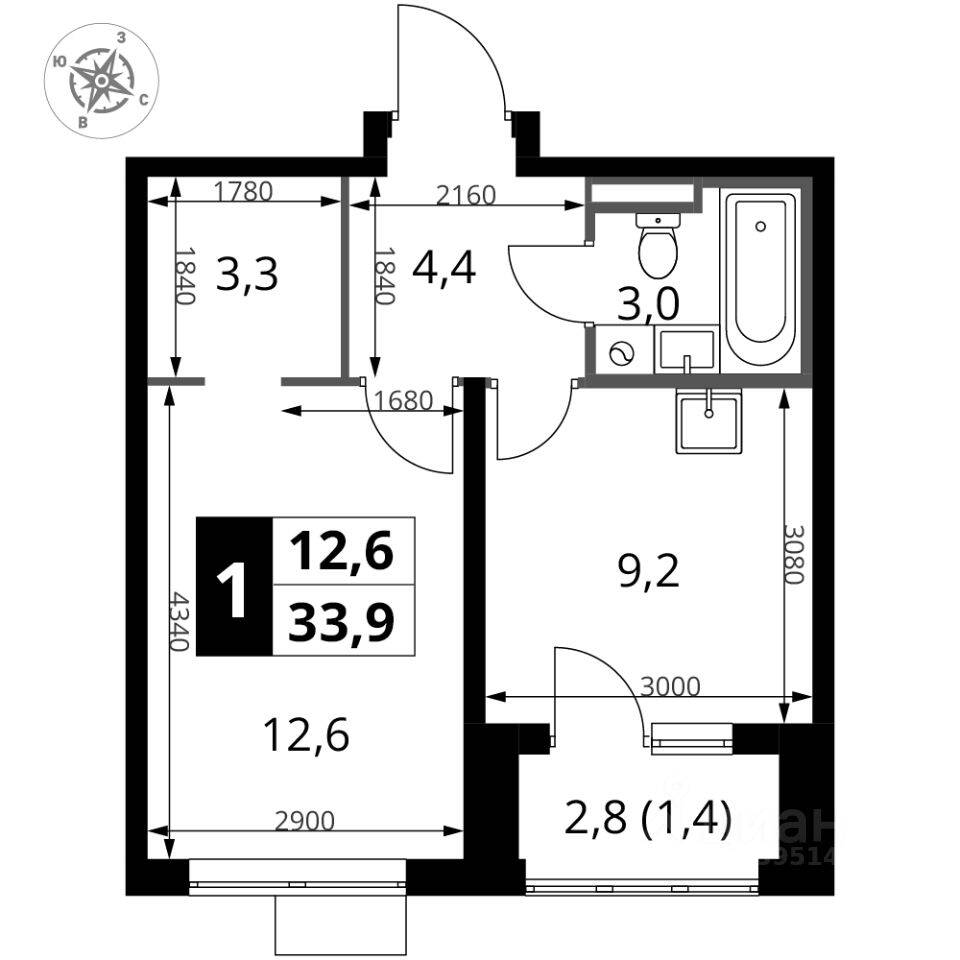 1-комн. квартира, 33,9 м², в ЖК 1-й Донской