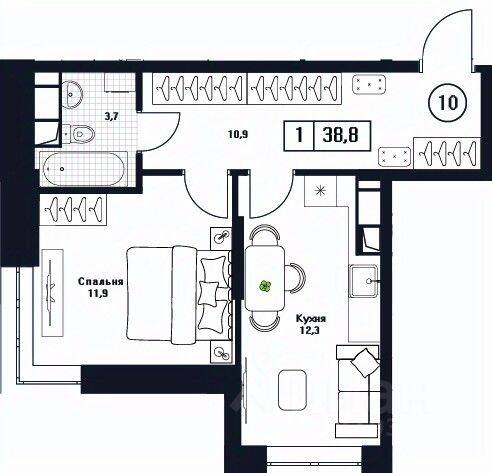 1-комн. квартира, 38,8 м², в ЖК Пушкино Град