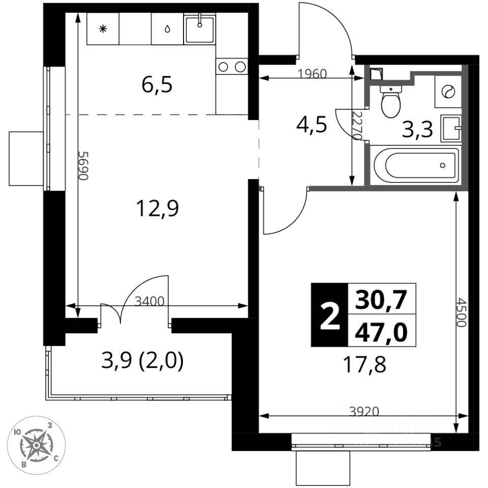 2-комн. квартира, 46,9 м², в ЖК 1-й Донской