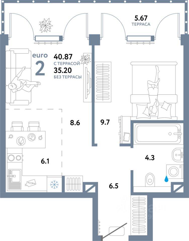2-комн. квартира, 40,87 м², в ЖК Страна.Озерная