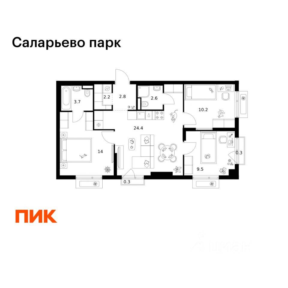 3-комн. квартира, 70 м², в ЖК «Саларьево парк»