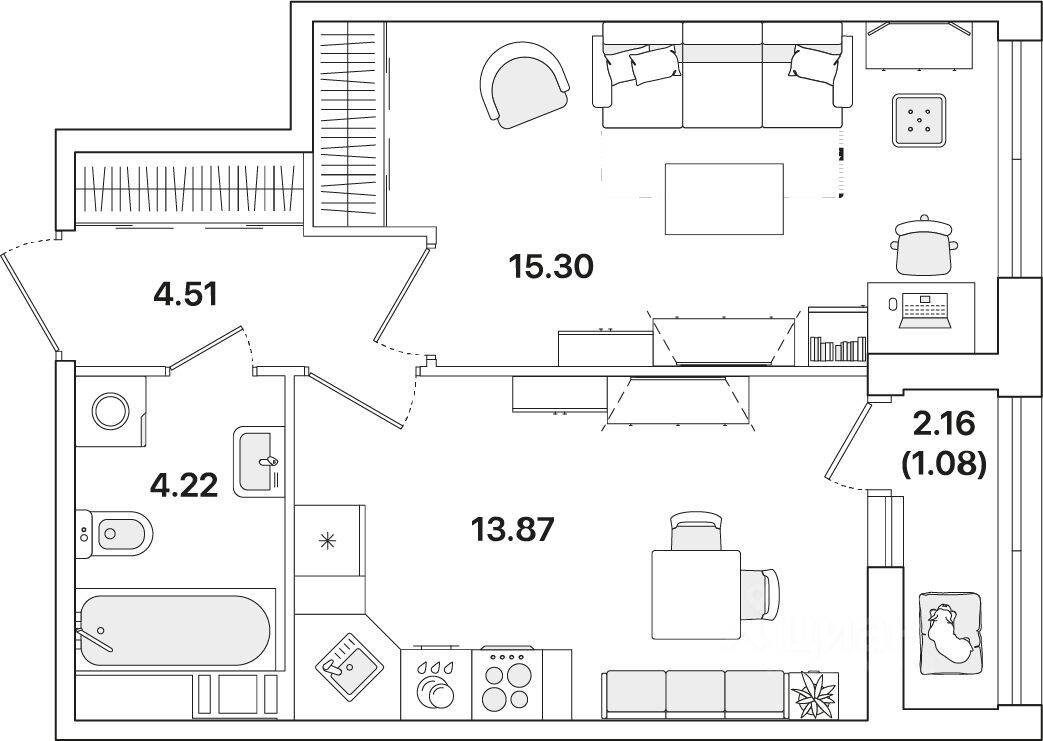 1-комн. квартира, 39,2 м², в ЖК Академик