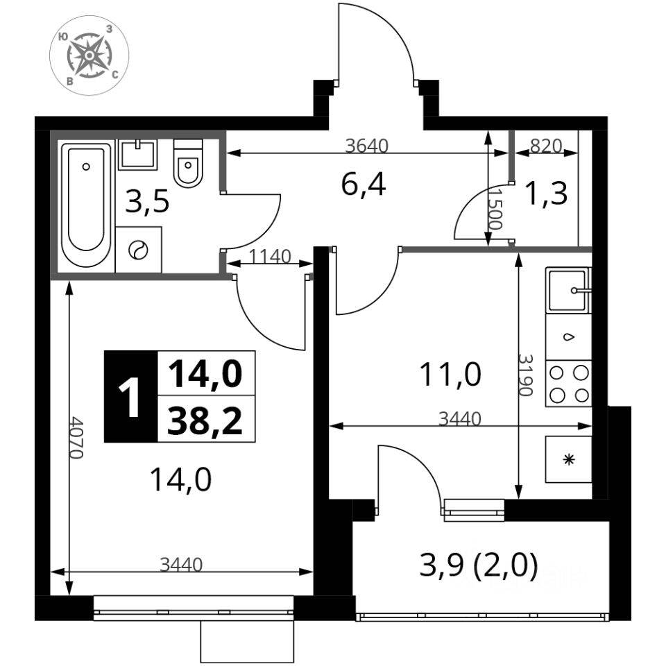 1-комн. квартира, 38,4 м², в ЖК «Южная Битца»