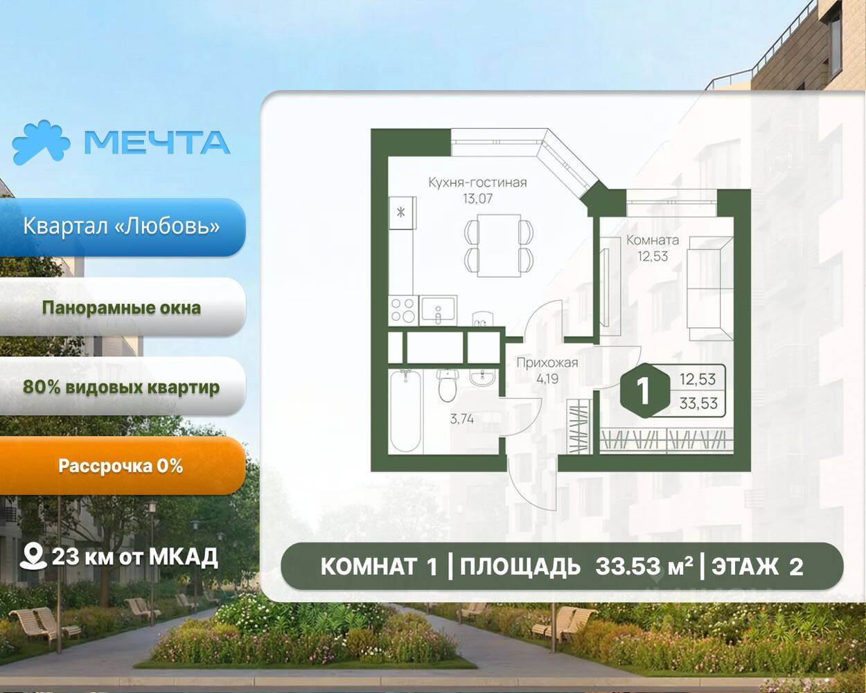 1-комн. квартира, 33,53 м², в ЖК «Мечта»