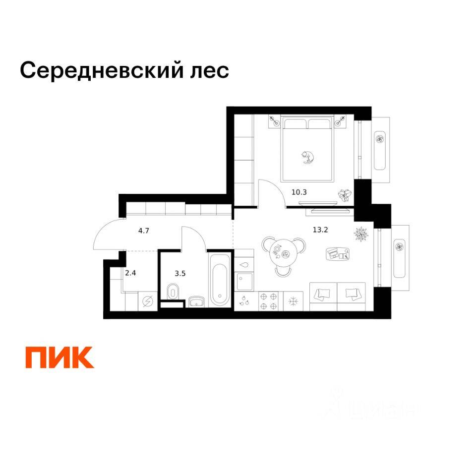 1-комн. квартира, 34,1 м², в ЖК Середневский лес