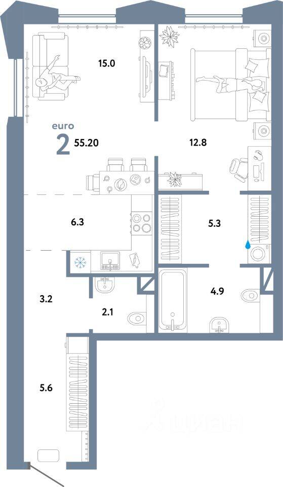 2-комн. квартира, 55,2 м², в ЖК Страна.Озерная