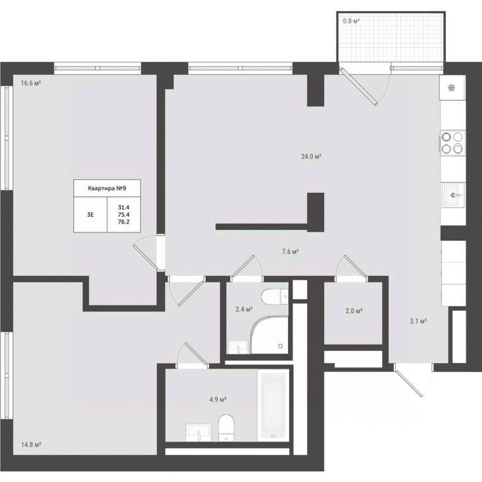 3-комн. квартира, 76,2 м², в ЖК «Яковлево»