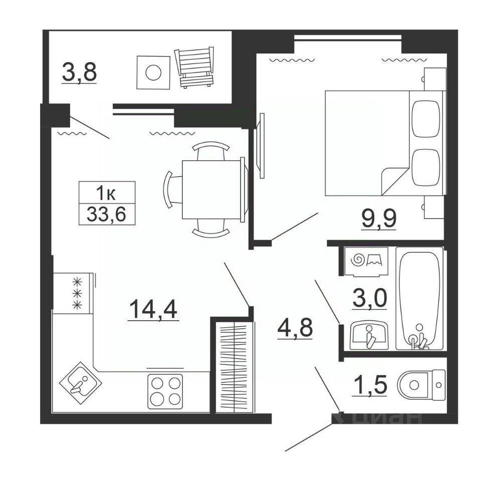 1-комн. квартира, 33,6 м², в ЖК Рубеж
