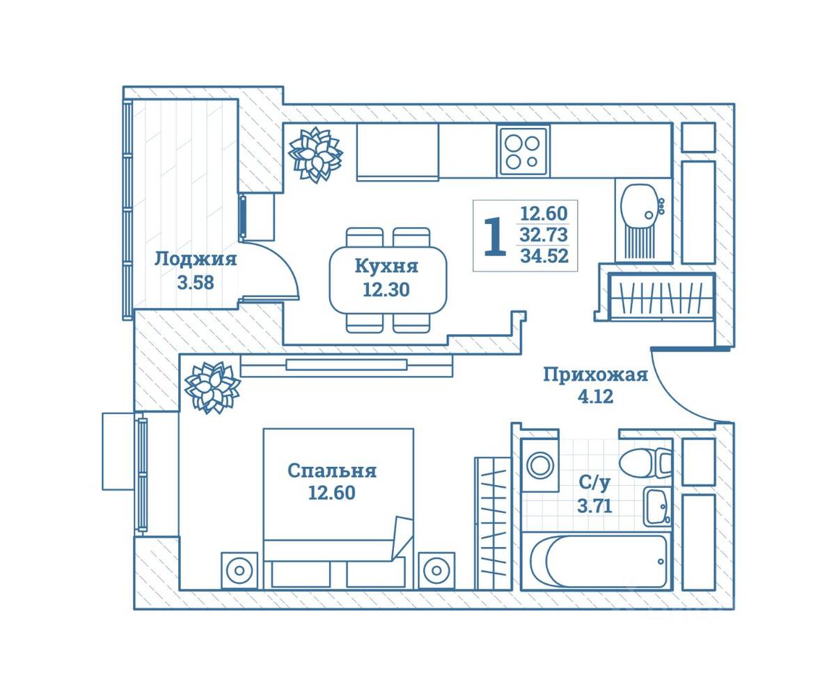 1-комн. квартира, 34,52 м², в ЖК Новоград Монино