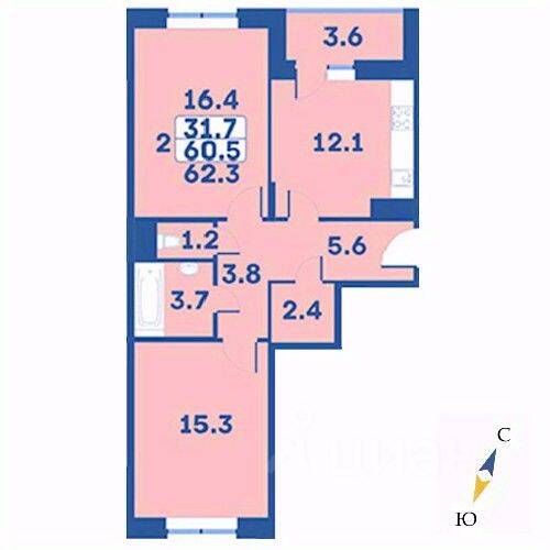 2-комн. квартира, 62,3 м², в ЖК «Эдельвейс» (ЦентрСтрой)