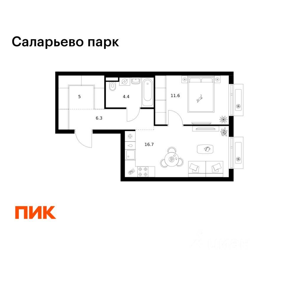 1-комн. квартира, 44 м², в ЖК «Саларьево парк»