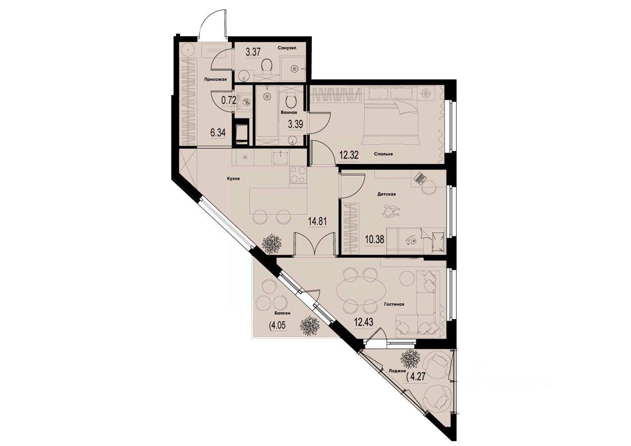 3-комн. квартира, 66,25 м², в ЖК ID Murino III