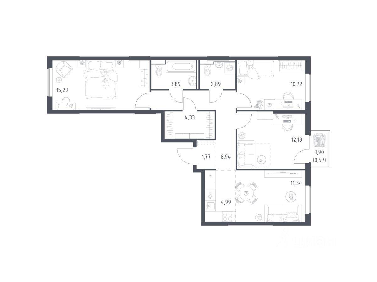 3-комн. квартира, 76,92 м², в ЖК Горки Парк
