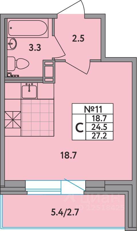 Квартира-студия, 27,2 м², в ЖК Удача