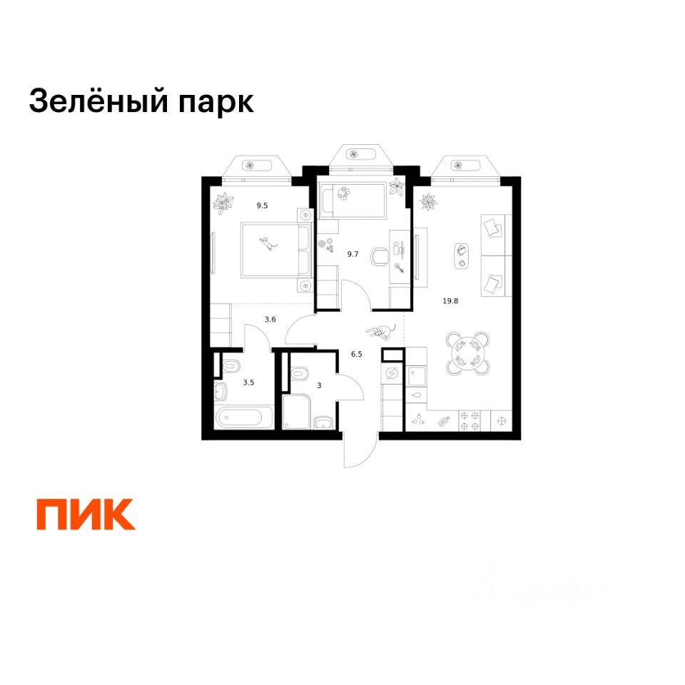 2-комн. квартира, 55,6 м², в ЖК Зеленый парк