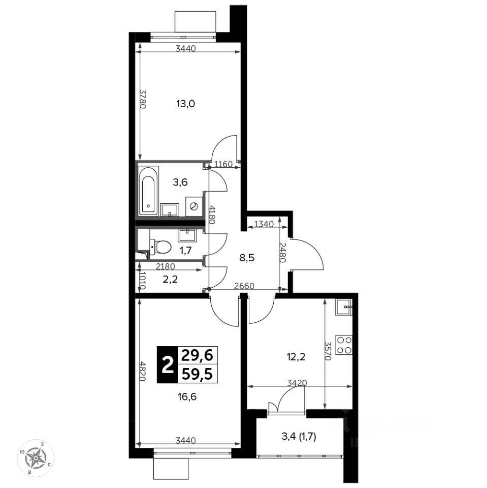 2-комн. квартира, 60,3 м², в ЖК «Южная Битца»