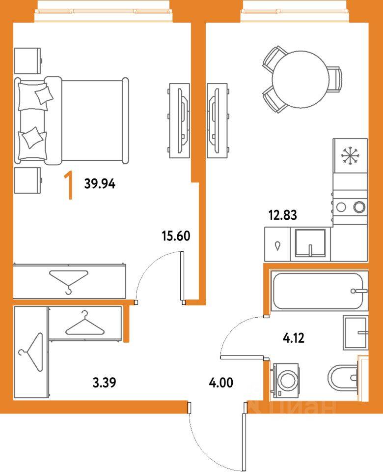 1-комн. квартира, 39,94 м², в ЖК Страна.Парковая