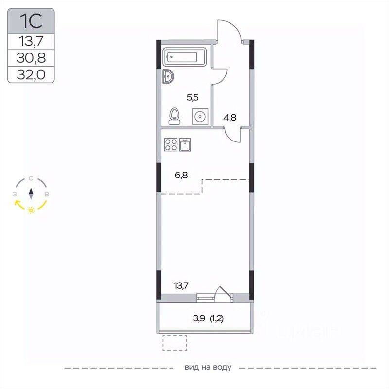 Квартира-студия, 32 м², в ЖК «Пироговская Ривьера»
