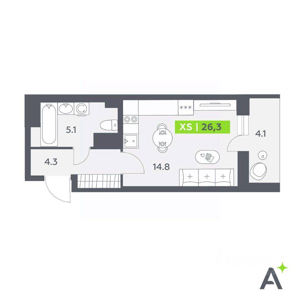 Планировка 1 комнатной квартиры, 26.3 м², в «Аквилон All in 3.0»