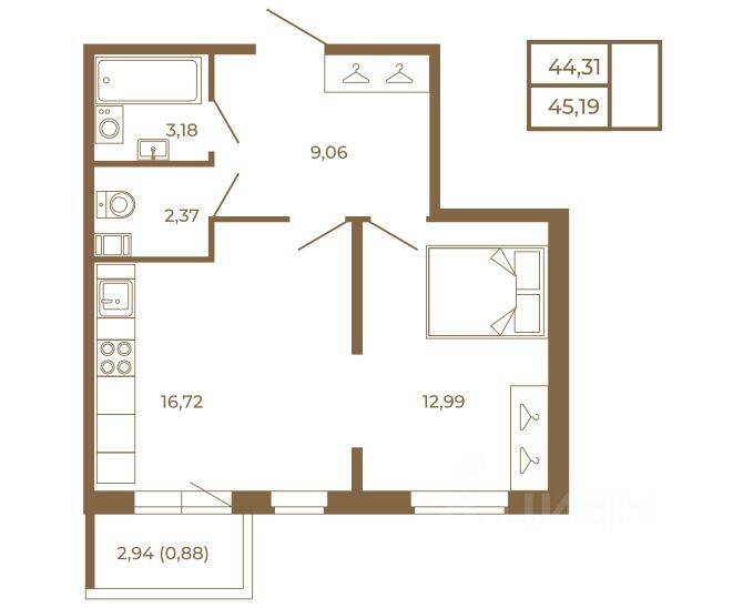 1-комн. квартира, 45,19 м², в Малоэтажный ЖК Новая история