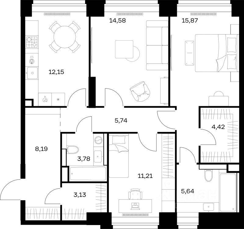 3-комн. квартира, 84,71 м², в ЖК Nova