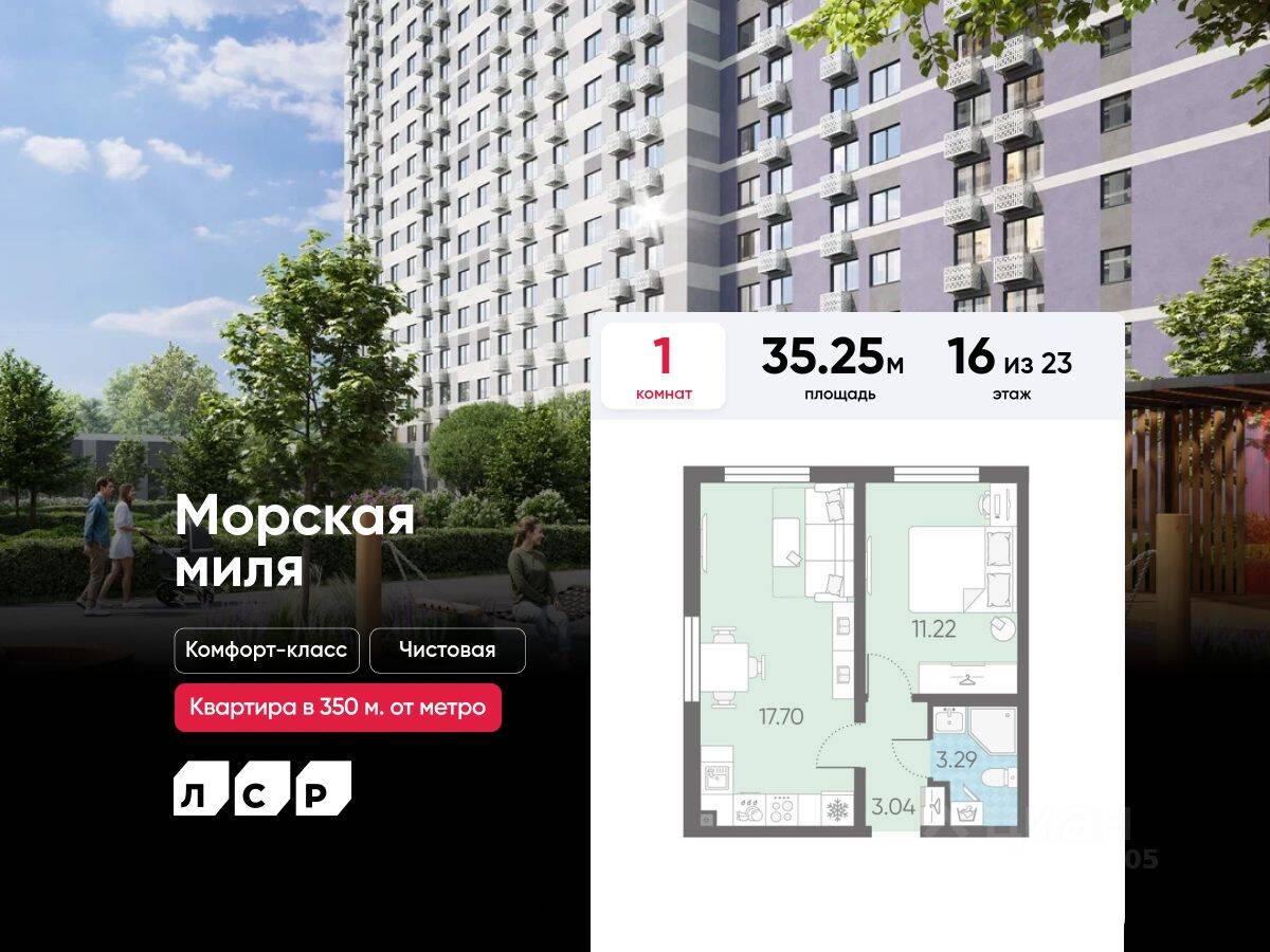 1-комн. квартира, 35,25 м², в ЖК Морская миля