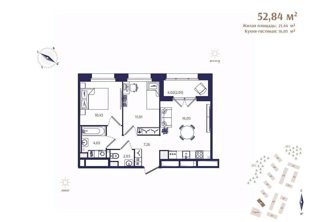 2-комн. квартира, 52,84 м², в ЖК Ranta Residence