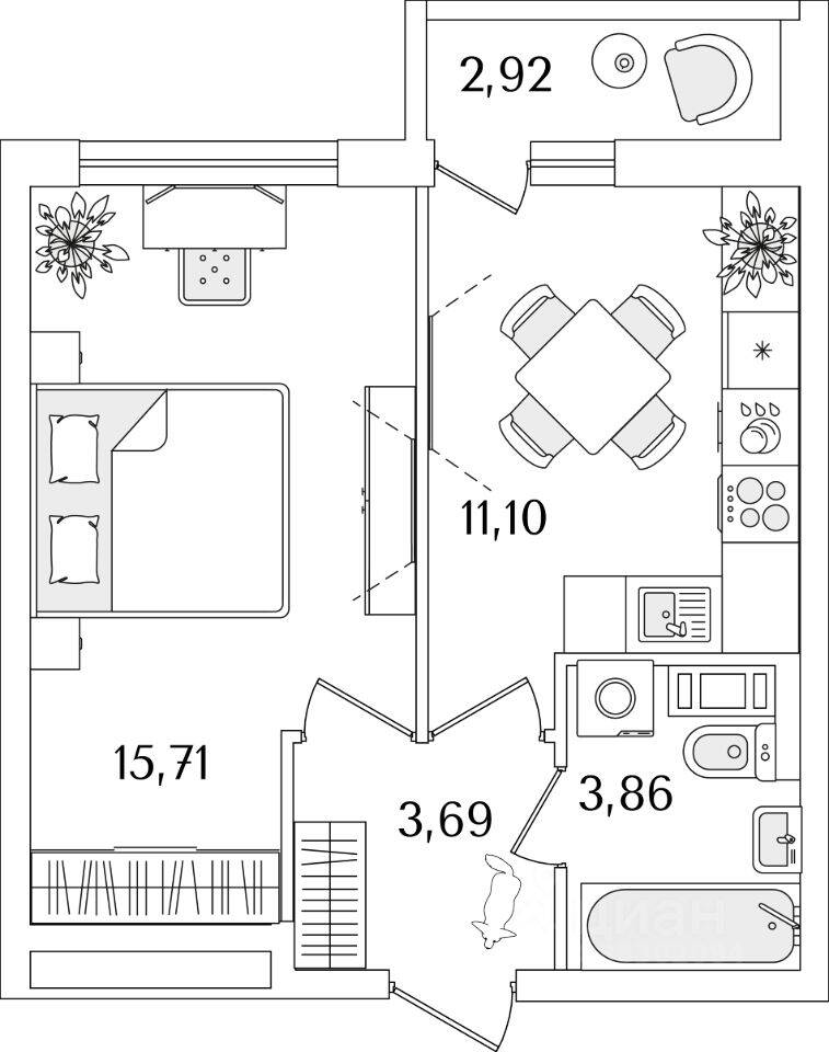 Планировка 1 комнатной квартиры, 35.7 м², в «Лайнеръ»