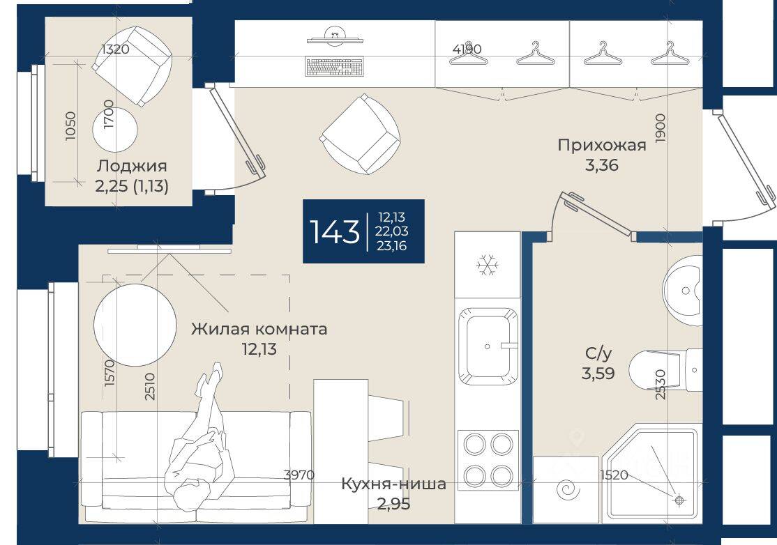 Квартира-студия, 23,16 м², в ЖК «Новатория»