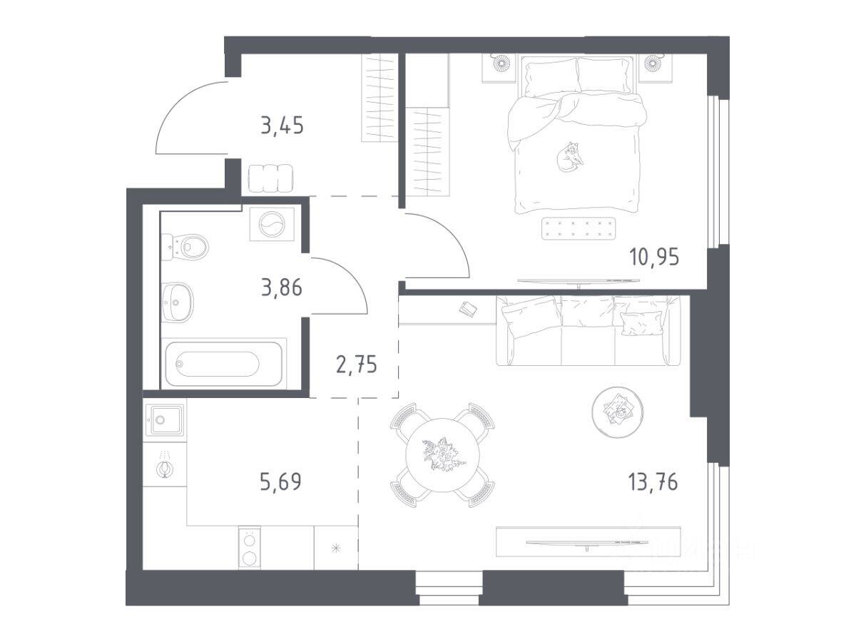 1-комн. квартира, 40,46 м², в ЖК «Пригород Лесное»