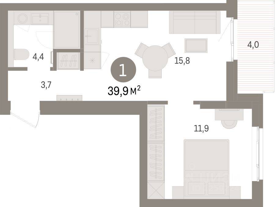1-комн. квартира, 39,87 м², в ЖК «Брусника в Новоселье»