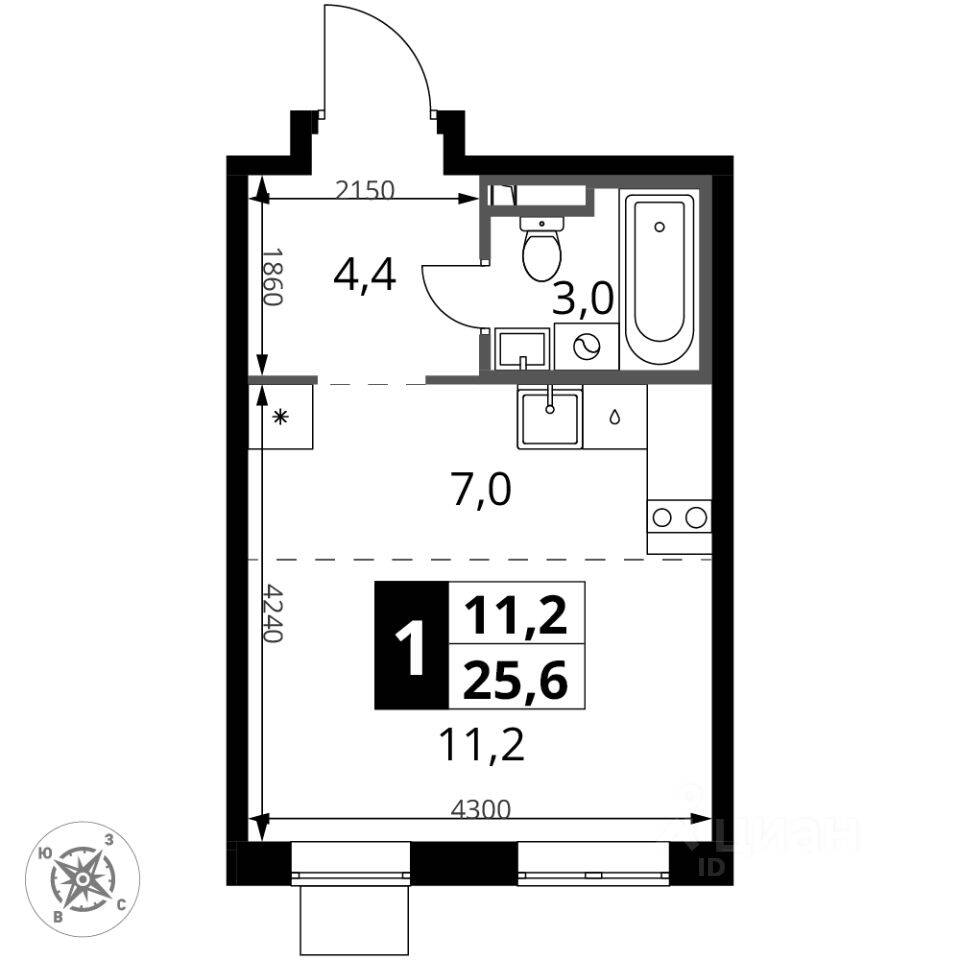 Планировка 1 комнатной квартиры, 25.6 м², в «1-й Донской»