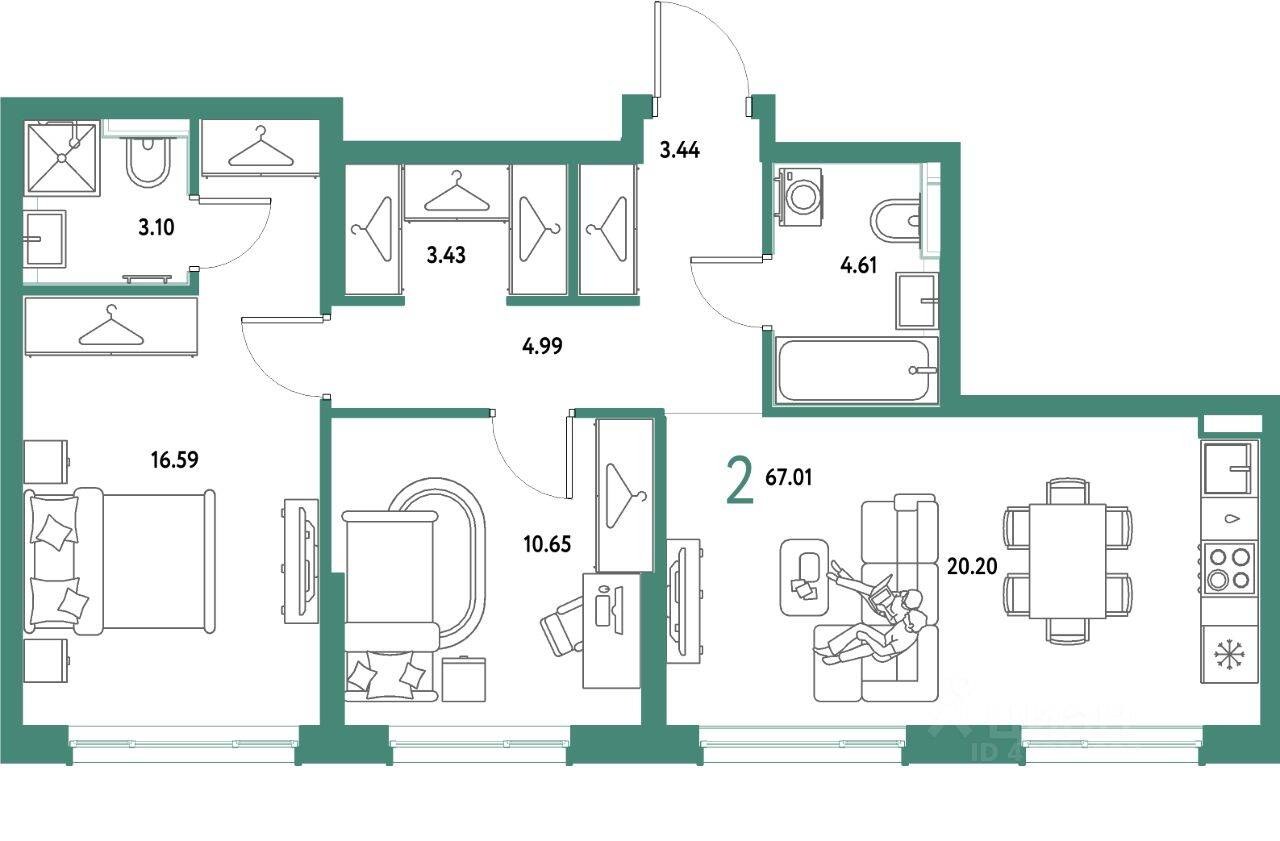 2-комн. квартира, 67,01 м², в ЖК Страна.Парковая