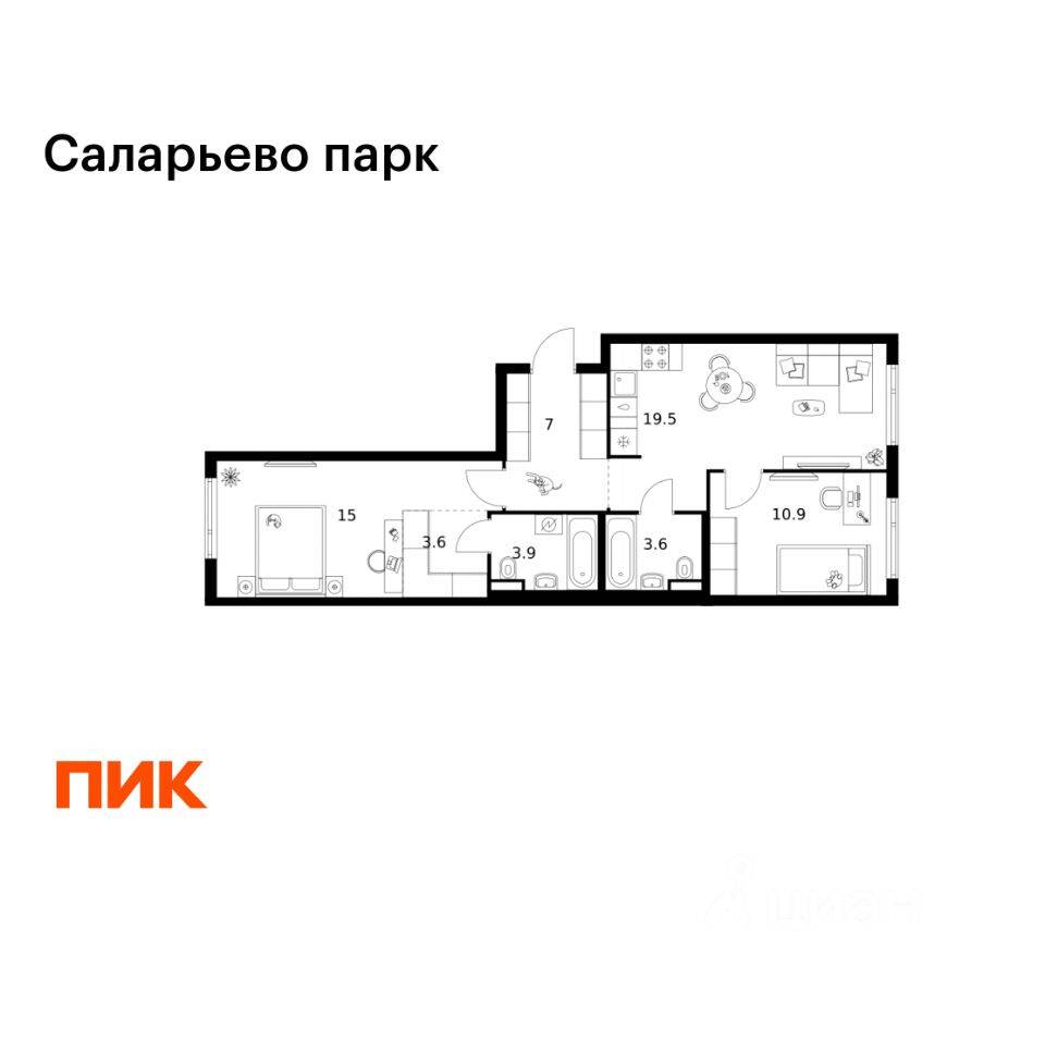 2-комн. квартира, 63,5 м², в ЖК «Саларьево парк»
