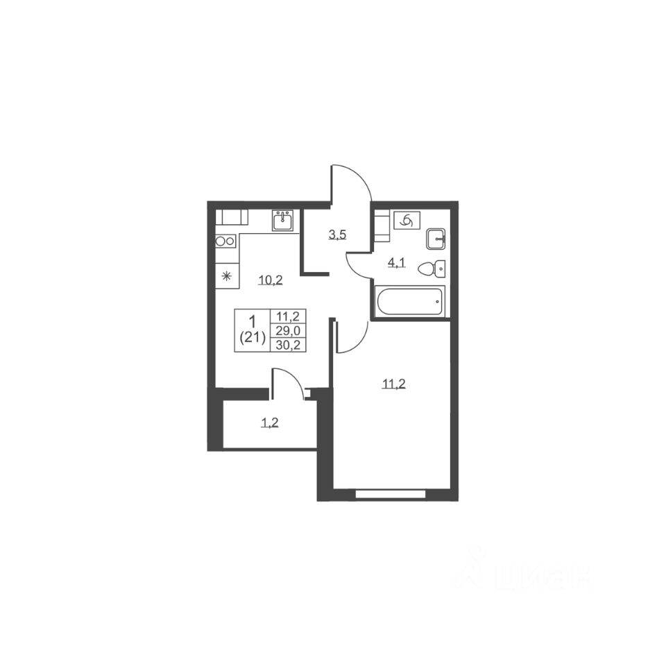 1-комн. квартира, 30,2 м², в ЖК Ермак