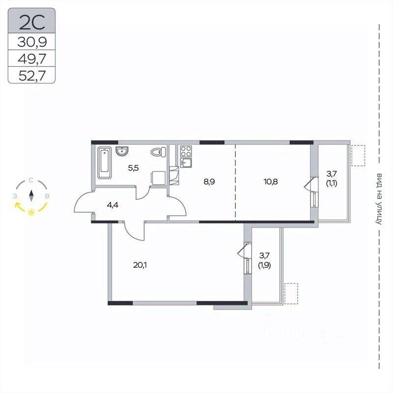 2-комн. квартира, 52,7 м², в ЖК «Пироговская Ривьера»