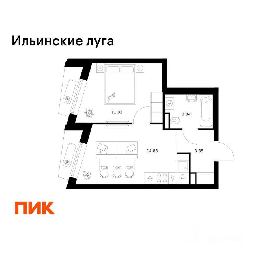 1-комн. квартира, 34,35 м², в ЖК «Ильинские луга»