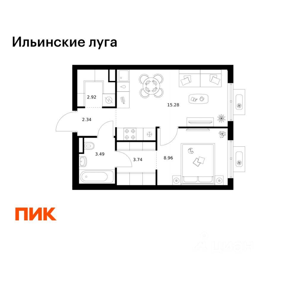 1-комн. квартира, 36,73 м², в ЖК «Ильинские луга»