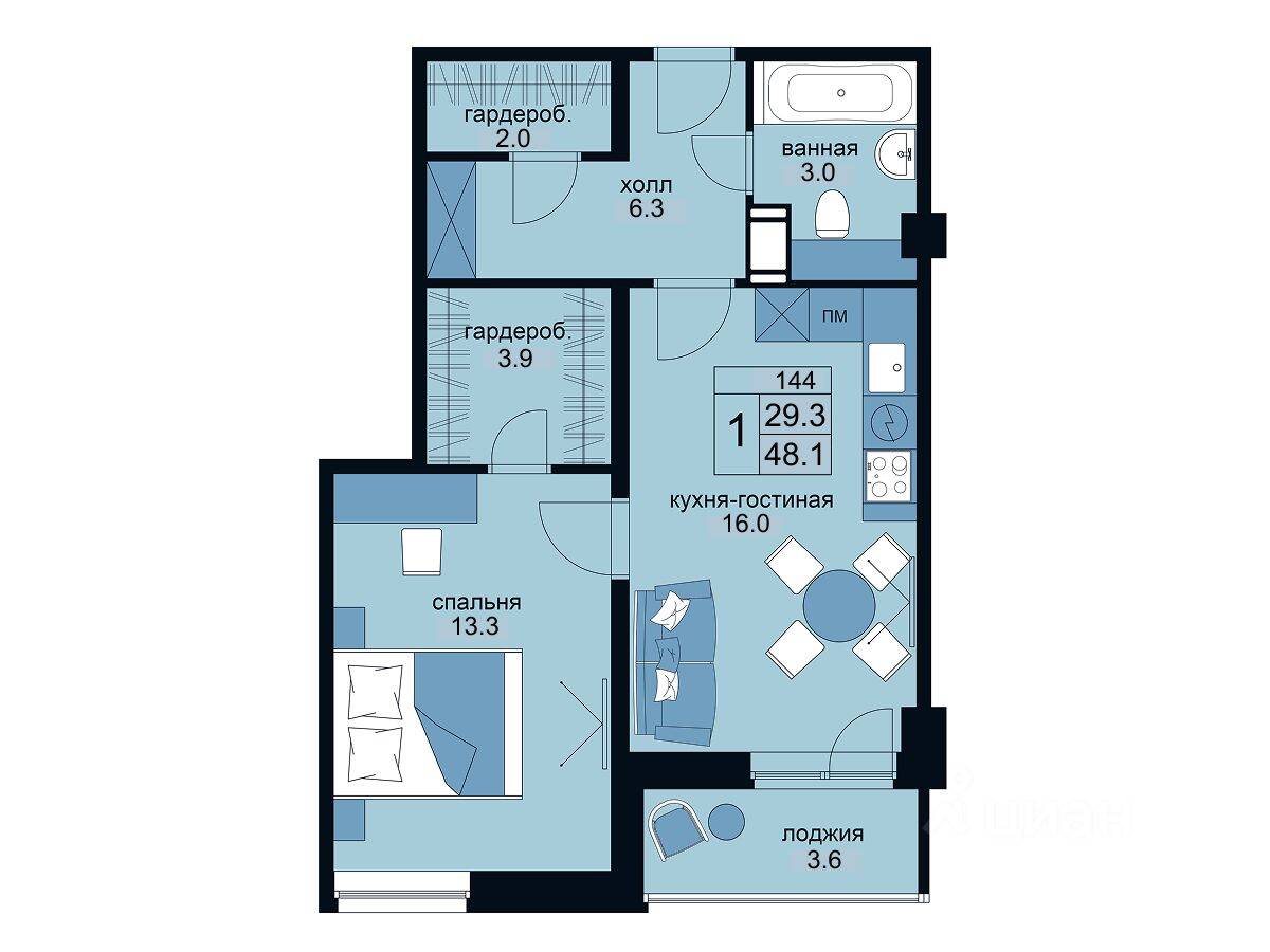 Планировка 1 комнатной квартиры, 48.1 м², в «WINGS апартаменты на Крыленко»