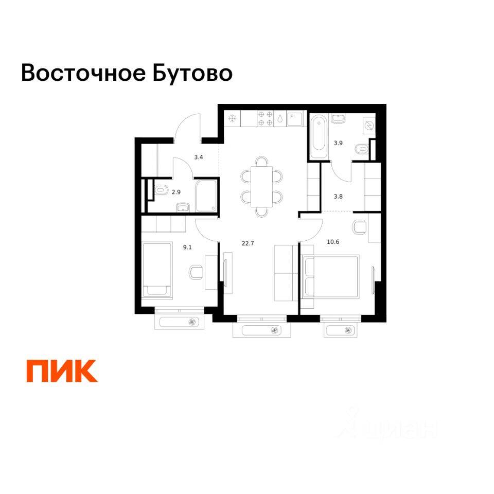 2-комн. квартира, 56,4 м², в ЖК «Восточное Бутово»