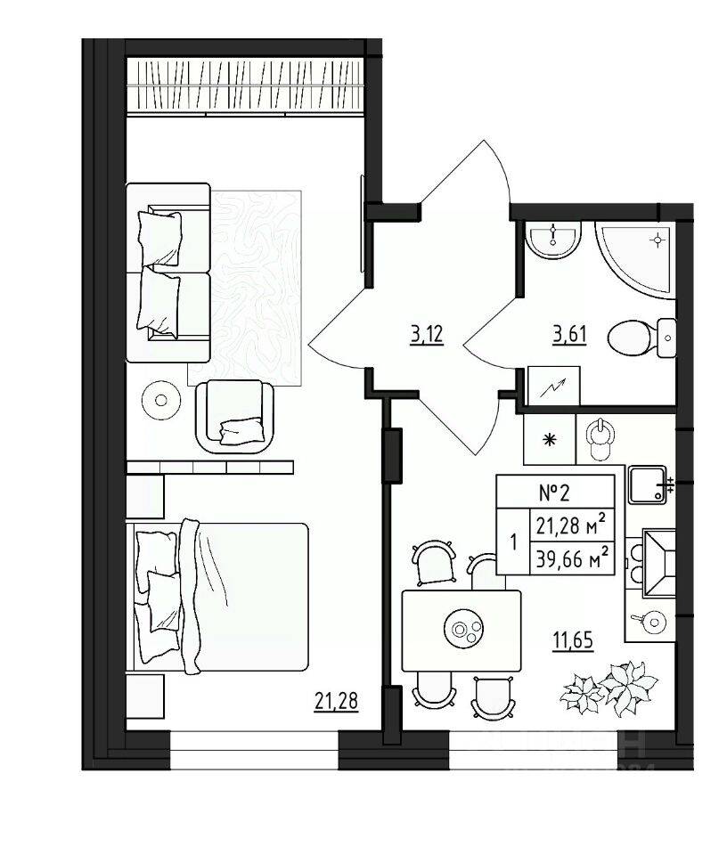 1-комн. квартира, 39,66 м², в Малоэтажный ЖК Верево-Сити