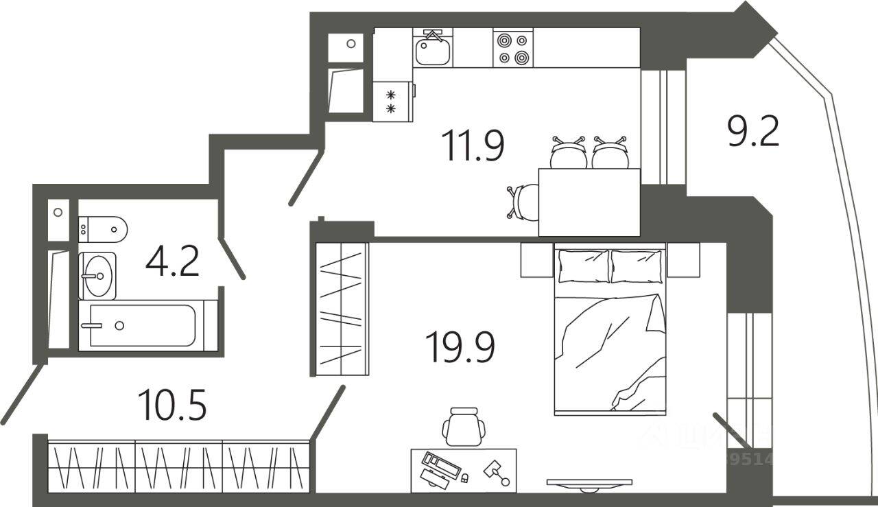 Планировка 1 комнатной квартиры, 49.3 м², в «Советская 18»