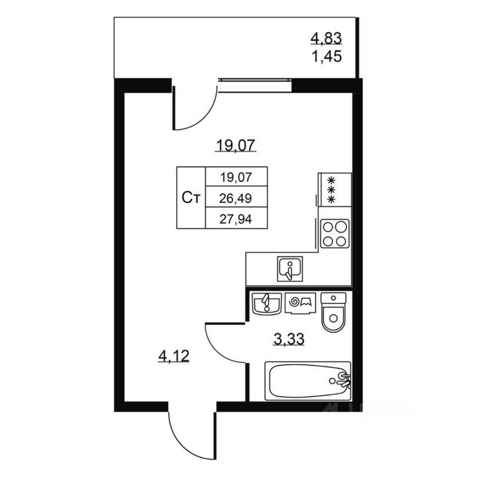 Квартира-студия, 27,94 м², в ЖК Перспектива