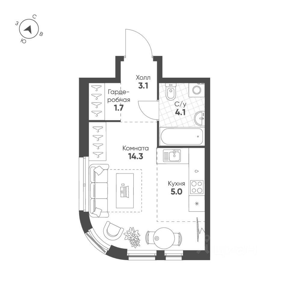 1-комн. квартира, 28,2 м², в ЖК Жилой квартал Shagal