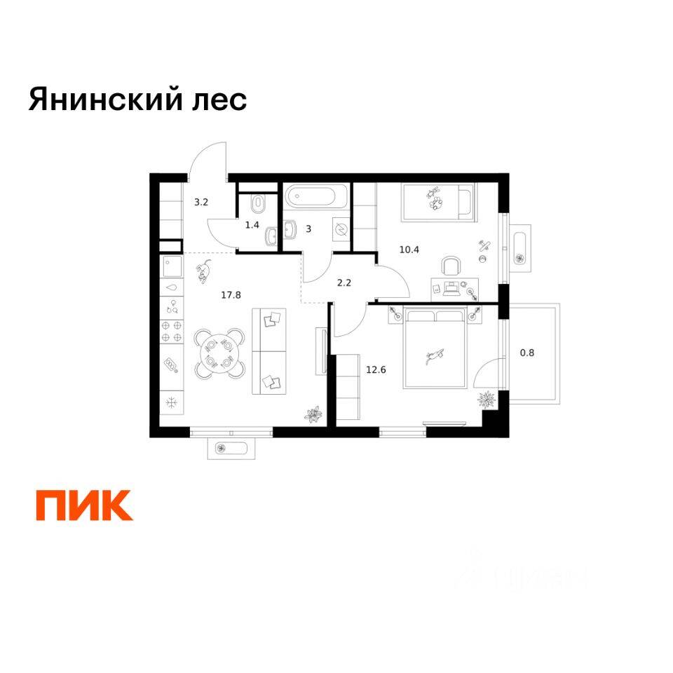 2-комн. квартира, 51,4 м², в ЖК Янинский лес