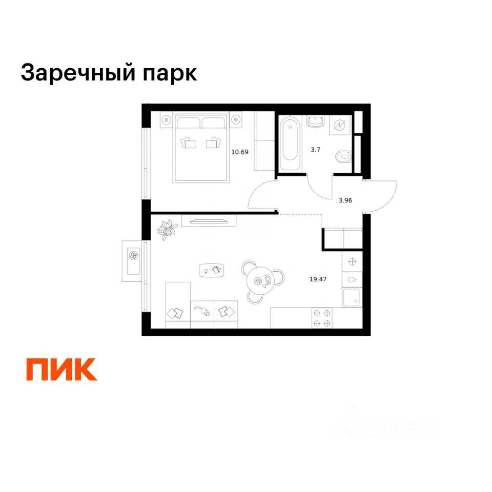 1-комн. квартира, 37,82 м², в ЖК Заречный парк