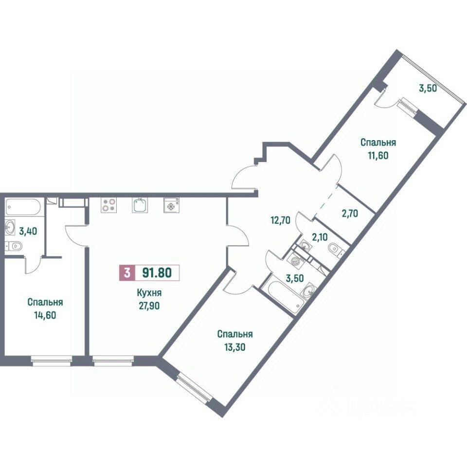 3-комн. квартира, 91,8 м², в ЖК «Фотограф»