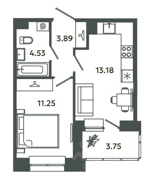 1-комн. квартира, 32,85 м², в ЖК Загляденье