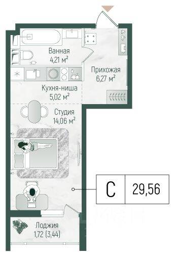 Квартира-студия, 31,2 м², в ЖК Riga Hills