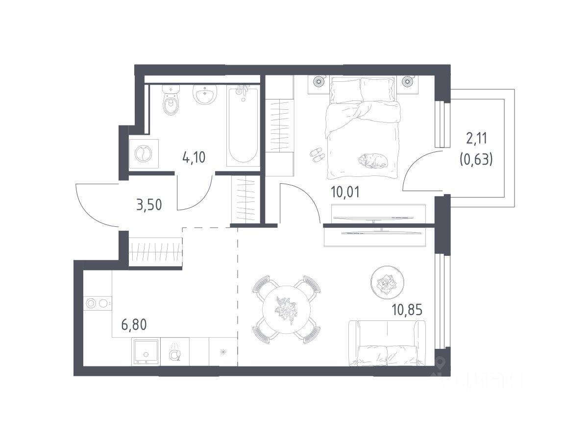 1-комн. квартира, 35,89 м², в ЖК «Пригород Лесное»